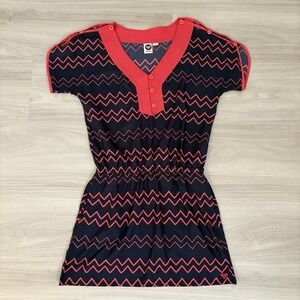 Roxy Womens Dress Navy Coral Pink Zigzag Chevron Henley Elastic Waist Summer XL